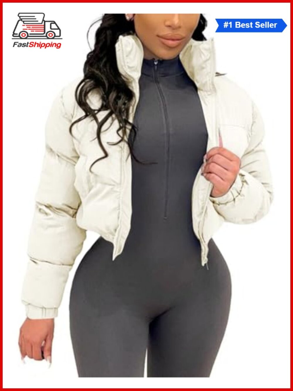 ✨Gihuo Cropped Puffer Jacket Zip Up Quilted Long Sleeve Winter Coat
